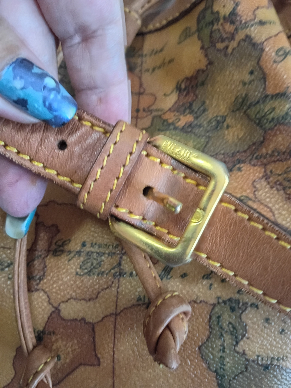 Alviero Martini Tan & Brown Map-Print Leather Drawstring Crossbody Bag - Picture 6 of 16